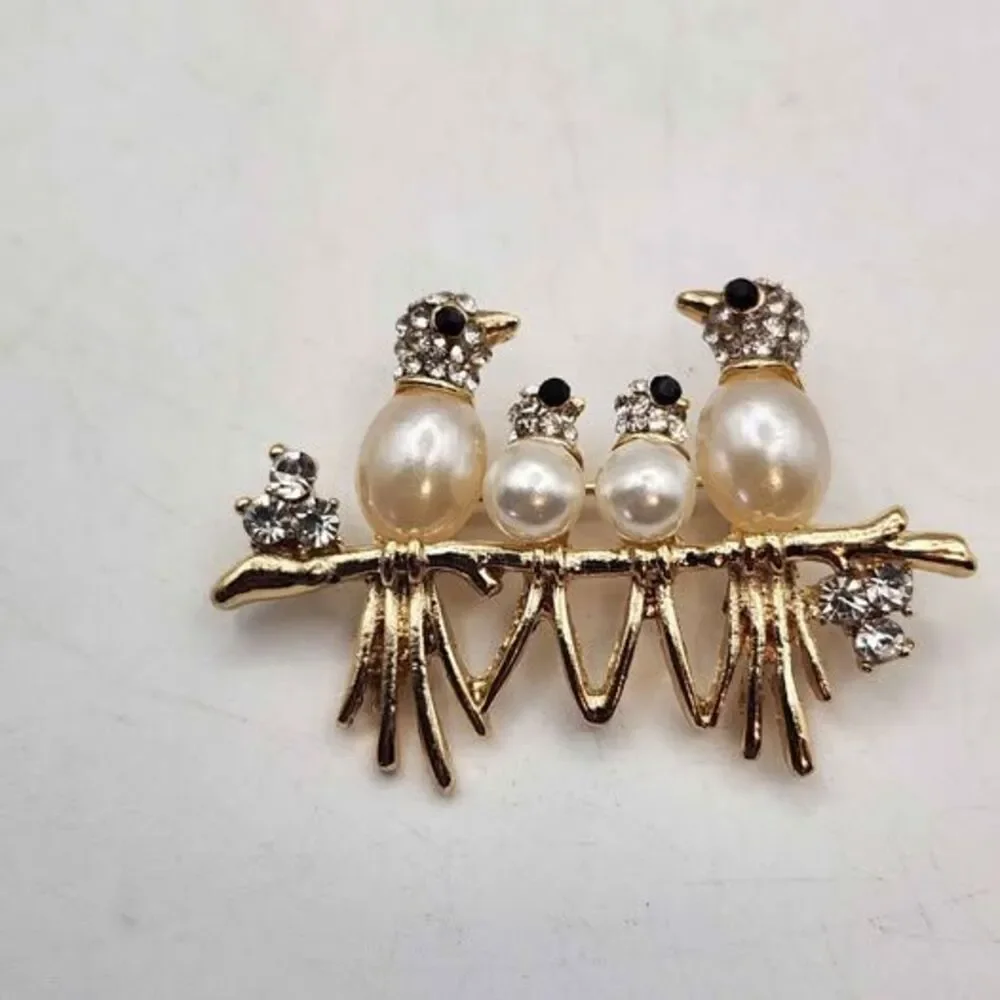 Faux Pearl and Rhinestone Bird Family Brooch
